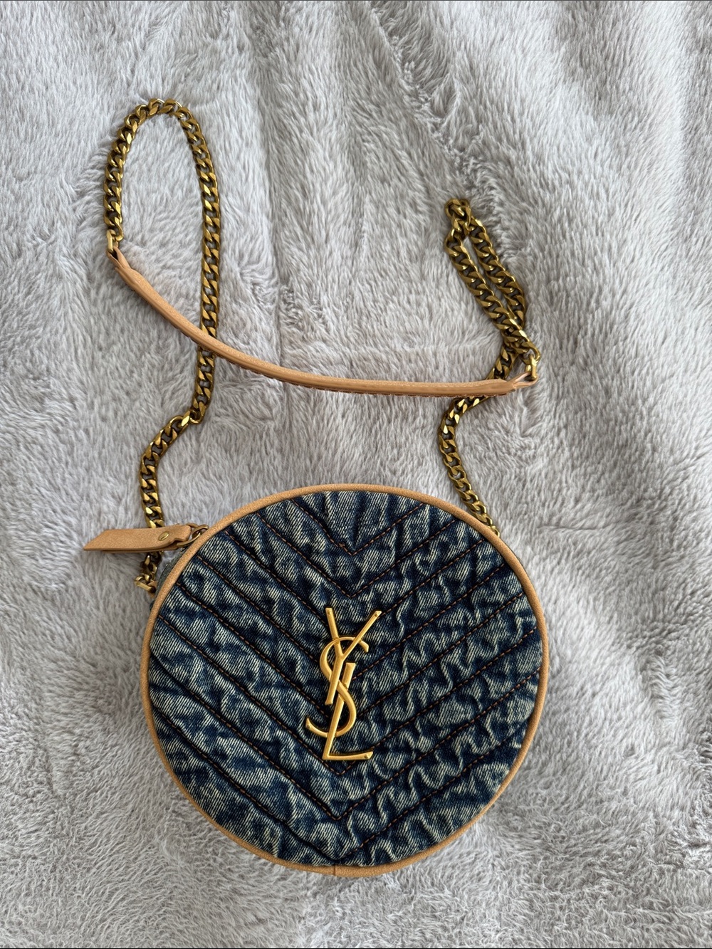Yves Saint Laurent Denim Round Crossbody with Gold Hardware